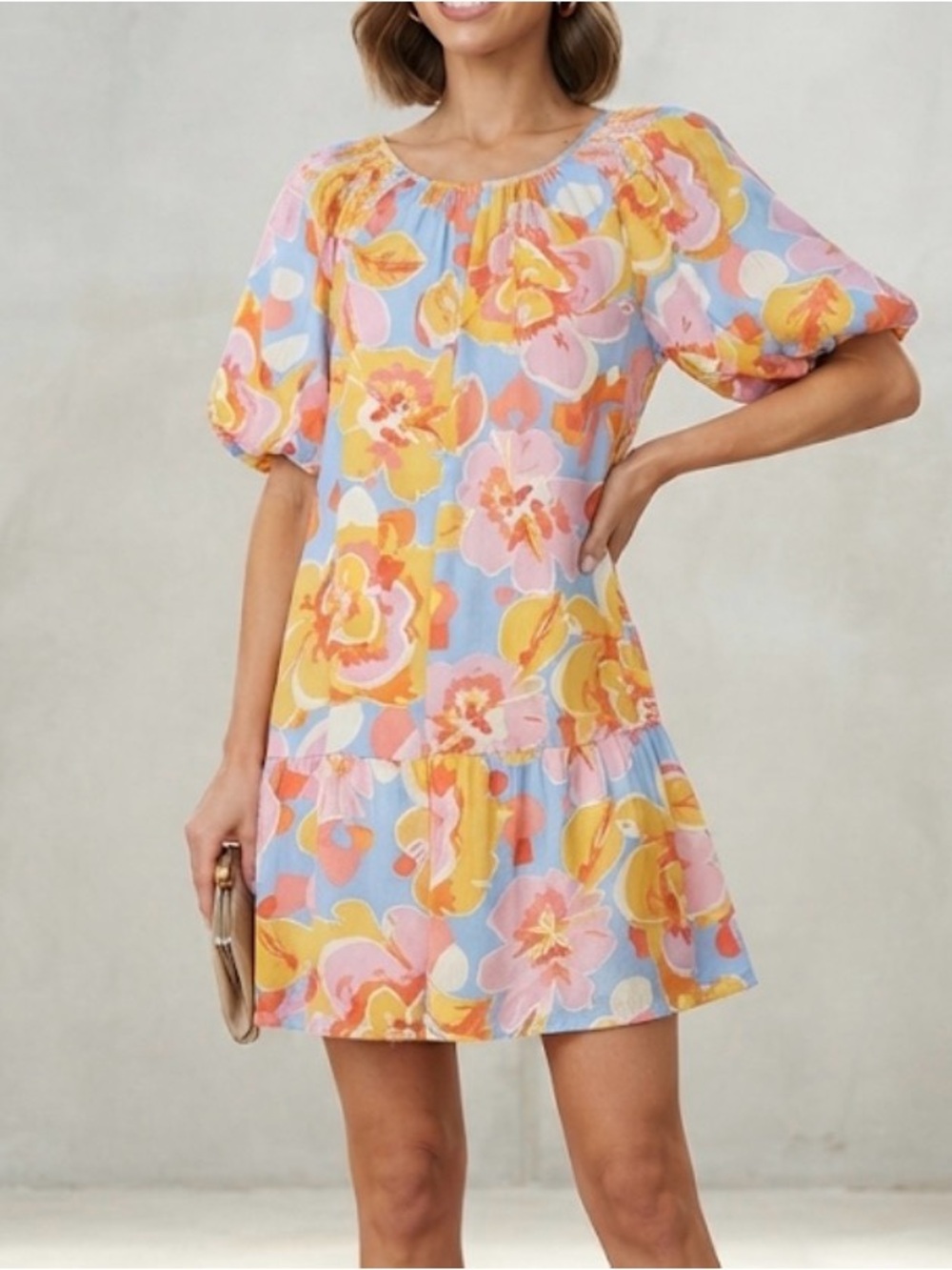 NWT Easel Los Angeles Floral Print Puff Sleeve Mini Dress Size Small